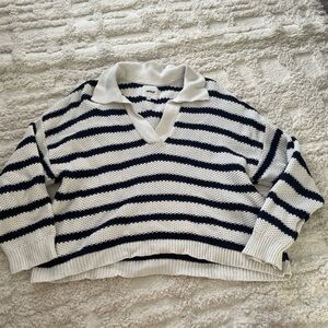 Aerie Navy and White Striped V-Neck Sweater